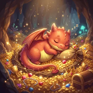 A cute chibi-style dragon sleeping on a pile of gold. - Google Nano Banana 2.1