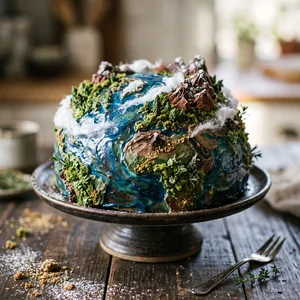 A dessert cake that looks like a tiny planet, complete with miniature trees and mountains, photographed in a professional food photography style with tilt-shift focus effect. - Google Nano Banana 2.1