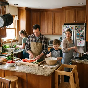 A family cooking together in a kitchen, each person busy with a different task. - Google Nano Banana 2.1