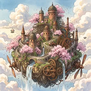 A floating steampunk castle in the sky with intricate mechanical gears and cherry blossom trees, illustrated in Hayao Miyazaki's Castle in the Sky (1986) art style with watercolor textures and detailed line work. - Google Nano Banana 2.1