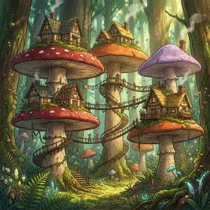 A forest of giant mushrooms with houses built on top of them, rendered in a whimsical Studio Ghibli-inspired art style with vibrant colors and fantastical details. - Google Nano Banana 2.1