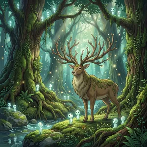 A forest spirit standing among tall trees. Replicate the artistic style of 'Princess Mononoke' by Studio Ghibli, with Miyazaki's detailed environments and mystical creature design. - Google Nano Banana 2.1