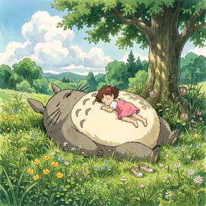 A girl and a giant fluffy creature napping in a wildflower meadow. Reproduce the art style of 'My Neighbor Totoro' by Studio Ghibli, with Miyazaki's soft character designs. - Google Nano Banana 2.1