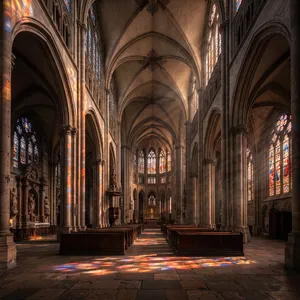 A Gothic cathedral interior at sunset with light streaming through detailed stained glass windows, creating colored patterns on stone floors and columns. Show accurate ribbed vaulting. - Google Nano Banana 2.1