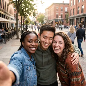 A group selfie of three friends of different ethnic backgrounds smiling at the camera. - Google Nano Banana 2.1