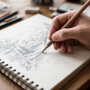 A hand drawing a sketch on paper with a pencil, the hand and pencil tip in clear focus. - Google Nano Banana 2.1