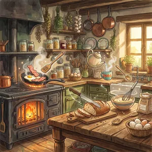 A kitchen with magical cooking implements preparing breakfast. Duplicate the artistic style of Studio Ghibli's domestic scenes, with Miyazaki's detailed settings and warm lighting. - Google Nano Banana 2.1