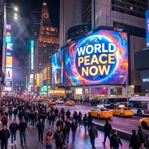 A large storefront billboard at Times Square displaying the slogan “WORLD PEACE NOW” in bold, clear letters, amidst a vibrant cityscape at night. - Google Nano Banana 2.1