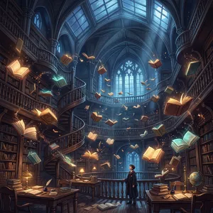 A library where the books are glowing and floating in mid-air, illustrated in a magical realism style with dramatic lighting and rich atmospheric colors. - Google Nano Banana 2.1