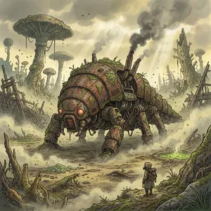 A mechanical creature in a polluted landscape. Capture the visual aesthetic of 'Nausicaä' by Studio Ghibli, with Miyazaki's mechanical designs and environmental contrast. - Google Nano Banana 2.1
