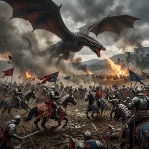 A medieval battlefield with knights on horseback and a dragon flying overhead. - Google Nano Banana 2.1