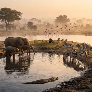 A misty dawn at an African savanna watering hole where elephants, lions, and zebras coexist in tense harmony, with a crocodile partially submerged in the foreground and flamingos taking flight in the background, golden hour lighting. - Google Nano Banana 2.1