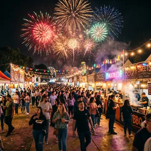 A nighttime festival with fireworks in the sky, food stalls lined up, and crowds mingling. - Google Nano Banana 2.1