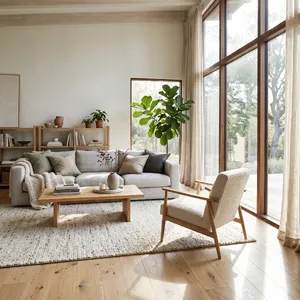 A photorealistic interior of a modern Scandinavian-style living room with natural light streaming through floor-to-ceiling windows. Show detailed wood textures, fabric materials, and proper light reflections. - Google Nano Banana 2.1