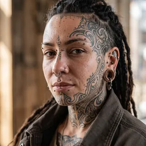 A portrait of a person with elaborate facial tattoos and piercings, shown in sharp detail. - Google Nano Banana 2.1
