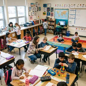 A school classroom of children and a teacher, each student engaged in a different activity. - Google Nano Banana 2.1