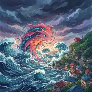 A sea creature rising from a stormy ocean near a village. Replicate the visual style of 'Ponyo' by Studio Ghibli, with Miyazaki's fluid water animations and vibrant creatures. - Google Nano Banana 2.1