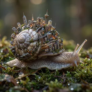 A snail whose shell contains a miniature city skyline, depicted in a hyperrealistic macro photography style with intricate architectural details and ambient lighting. - Google Nano Banana 2.1
