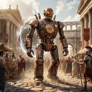 A steampunk robot time-traveling in ancient Rome, depicted in a detailed cinematic style that blends historical accuracy with copper and brass retrofuturistic aesthetics. - Google Nano Banana 2.1