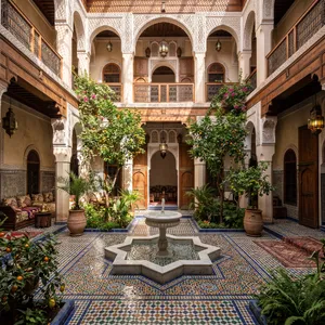 A traditional Moroccan riad courtyard with detailed zellige tilework, flowing fountain, citrus trees, and ornate woodwork. Morning light casting intricate shadow patterns. - Google Nano Banana 2.1