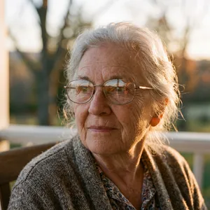 A ultra high-resolution portrait of an elderly woman with silver hair and bifocal glasses, each lens reflecting a distant landscape, captured in warm late-afternoon sunlight - Google Nano Banana 2.1