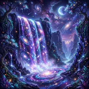 A waterfall that pours out stars and galaxies instead of water, illustrated in a cosmic fantasy style with vibrant space colors and dramatic lighting effects. - Google Nano Banana 2.1