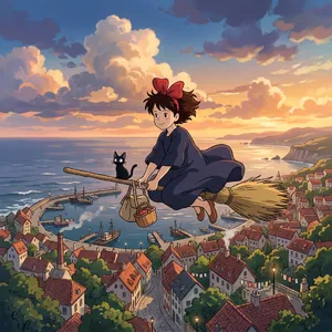 A young witch flying on a broomstick above a coastal town at sunset. Exact art style of 'Kiki's Delivery Service' by Studio Ghibli, with Miyazaki's character design and warm colors. - Google Nano Banana 2.1