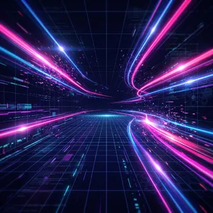 Abstract background graphic, cyberpunk aesthetic, neon pink/blue light trails on dark grid, sense of digital speed, for desktop wallpaper. - Google Nano Banana 2.1