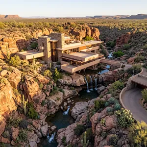 Aerial view of a modernist desert home, in the style of Frank Lloyd Wright's Fallingwater but adapted to desert conditions. Show integration with rocky landscape and water features. - Google Nano Banana 2.1