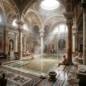 An ancient Roman bathhouse interior with accurate architectural details - marble columns, mosaic floors, arched ceilings, and steam rising from pools. Natural light from oculus openings. - Google Nano Banana 2.1