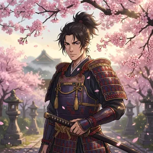An anime-style portrait of a samurai standing under pink cherry blossoms. - Google Nano Banana 2.1