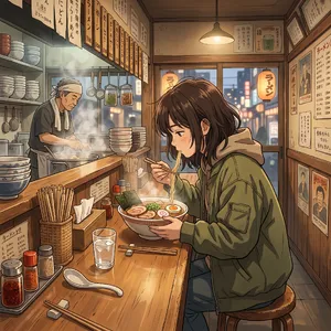 An anime scene of a character eating ramen at a small shop counter (slice-of-life style). - Google Nano Banana 2.1