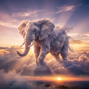 An elephant made of clouds floating in a sunset sky, rendered in a surrealist photorealistic style with ethereal golden lighting and atmospheric depth. - Google Nano Banana 2.1