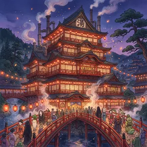 An enchanted bathhouse with glowing lanterns and spirits. Recreate the visual style of 'Spirited Away' by Studio Ghibli, with Miyazaki's ornate architecture and magical atmosphere. - Google Nano Banana 2.1