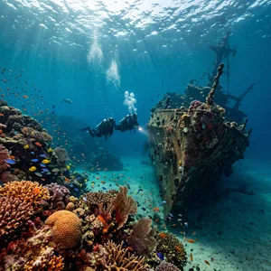 An underwater scene with scuba divers exploring a coral reef alongside colorful fish and a sunken ship. - Google Nano Banana 2.1