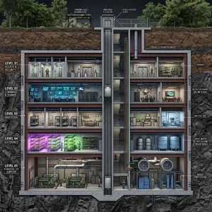 Cross-section rendering of a multi-level underground bunker with different functional areas, structural support systems, ventilation, and power generation facilities visible. - Google Nano Banana 2.1