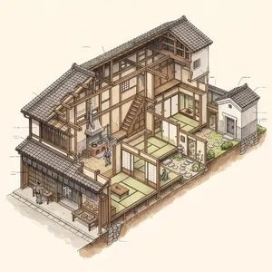 Cutaway architectural drawing of a traditional Japanese machiya townhouse showing all rooms and structural elements. Include accurate proportions, traditional joinery, and typical spatial organization. - Google Nano Banana 2.1