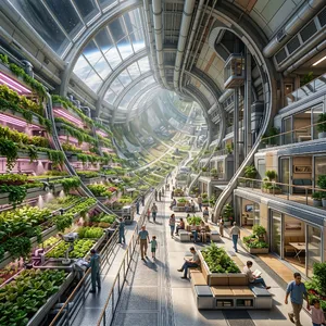Interior of a futuristic space habitat with hydroponics gardens, communal areas, and living quarters. Show curved walls, artificial gravity considerations, and multipurpose furniture designs. - Google Nano Banana 2.1