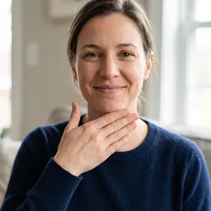 Photorealistic close-up portrait of a person clearly performing the American Sign Language gesture for 