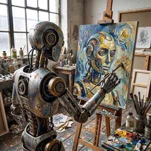 Photorealistic image of a robot painting a realistic self-portrait (i.e. the robot) on canvas, mimicking Van Gogh’s art style; clear, realistic metallic textures and painting details visible - Google Nano Banana 2.1