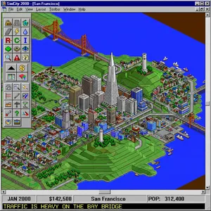 Pixel art cityscape of San Francisco in the iconic SimCity 2000 style, isometric view, detailed skyscrapers, residential areas, clearly identifiable Golden Gate Bridge, Coit Tower, Transamerica Pyramid, surrounded by the classic SimCity 2000 UI elements - Google Nano Banana 2.1