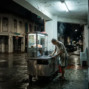 Rain-slicked Singapore street, 3 AM. A lone elderly hawker cleans his cart under one flickering fluorescent light. Steam rises gently. Low-angle shot, photorealistic - Google Nano Banana 2.1