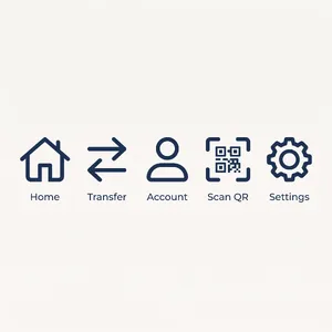 Set of 5 consistent flat design icons for a mobile banking app: 'Home', 'Transfer', 'Account', 'Scan QR', 'Settings'. Monochrome dark blue. - Google Nano Banana 2.1