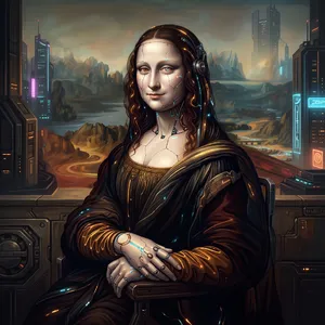 The Mona Lisa reimagined as a futuristic android, rendered in a digital art style that preserves Da Vinci's composition while incorporating sleek cyberpunk aesthetics and technological elements. - Google Nano Banana 2.1