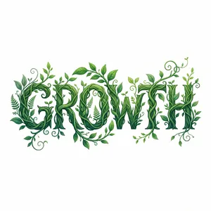 The word 'GROWTH' visualized using stylized plant vines organically forming the letters, green tones, white background, graphic design. - Google Nano Banana 2.1
