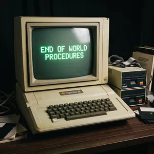 Vintage Apple II computer with green monochrome CRT screen, displaying 'END OF WORLD PROCEDURES' in green text. Two external floppy drives stacked on the right, labeled disk II with rainbow Apple logos. Beige casing, black background, retro aesthetic. - Google Nano Banana 2.1