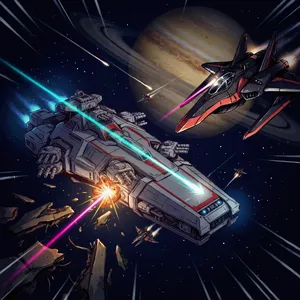 A 90s anime-style space battle scene with giant starships and laser beams. - Ideogram Ideogram 4.0 (Quality)