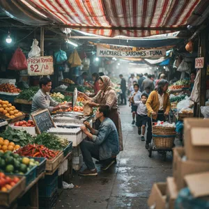 A bustling market scene with dozens of people buying and selling goods. - Ideogram Ideogram 4.0 (Quality)