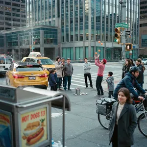 A busy city intersection with cars, pedestrians, and street performers all in one frame. - Ideogram Ideogram 4.0 (Quality)