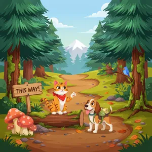 A cartoon of a cat and a dog on an adventure, drawn in a colorful 2D style. - Ideogram Ideogram 4.0 (Quality)